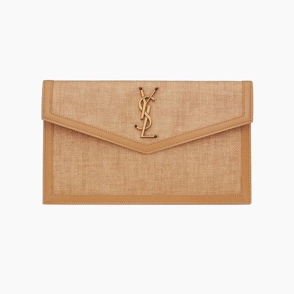 Yves Saint Laurent Handbags - YSL Tan Clutch with Gold Logo